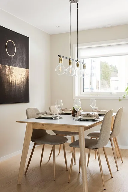 sunlit dining room in a staged home.